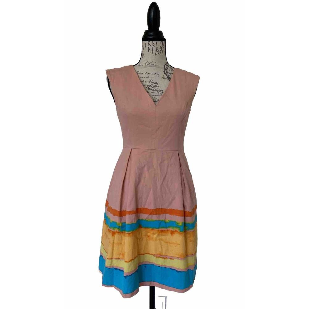 Tracy Reese x Anthropologie Fit Flare Peach Malibu Paint Dress w Pocket Size 2